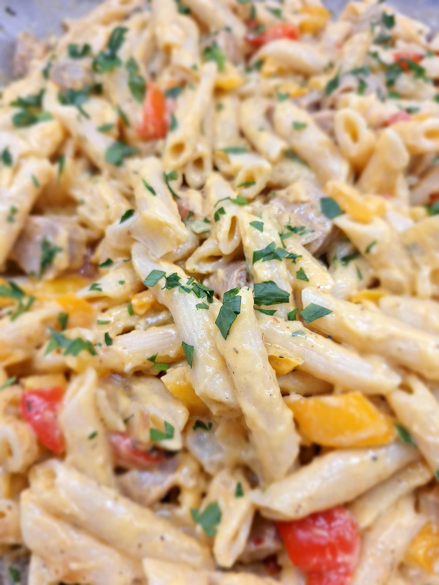 Butternut Squash Penne with Italian Sausage, Bell Peppers and Garlic Bread Crumble