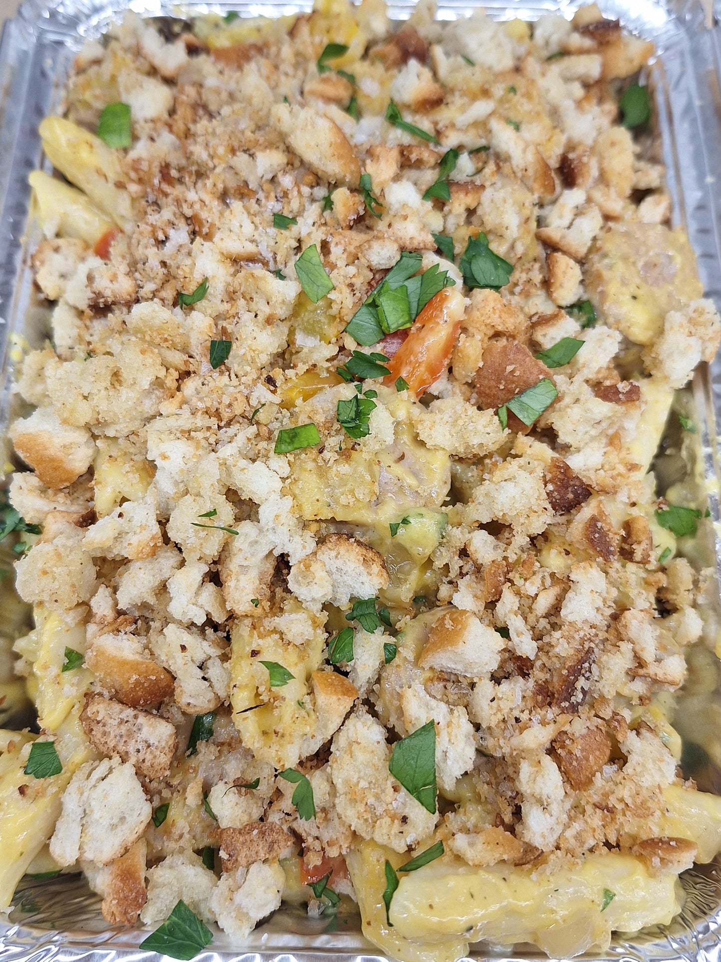 Butternut Squash Penne with Italian Sausage, Bell Peppers and Garlic Bread Crumble